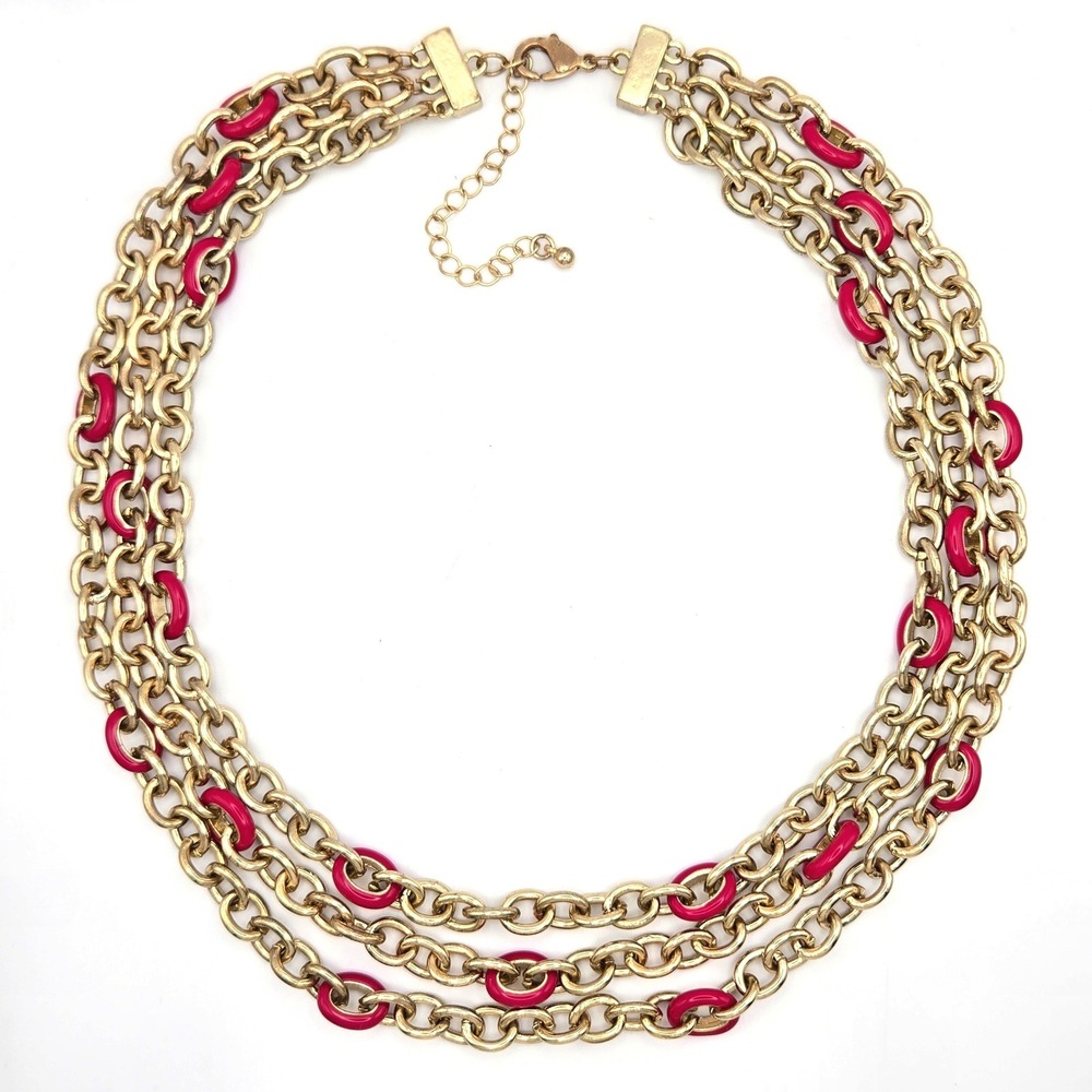 Chunky Gold Tone Multi Strand Bib Necklace Dark Pink Enamel Oval Links Statement